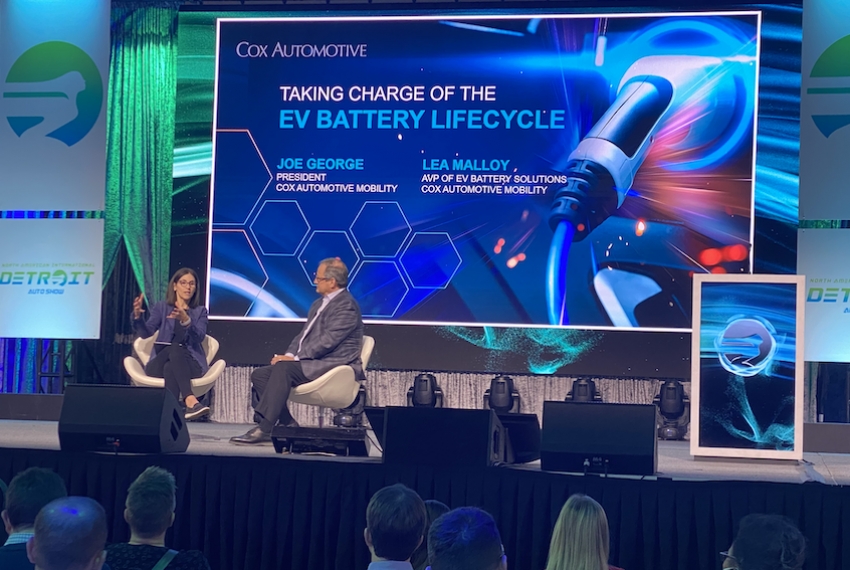 Lea Malloy ( L) , head of Cox Automotive’s Electric Vehicle Battery Business, and Joe George (R), president of Cox Automotive Mobility, discuss the company’s increasingly significant role in electric vehicle (EV) battery lifecycle management at the Detroit Auto Show.